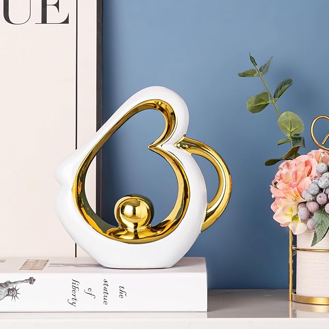 Gold Decor Coffee Table Sculpture, Modern Ceramic Statue, White Sculpture Heart Shape, Entry Table Decor, Living Room Table Centerpiece Ornament, Abstract Art Sculptures Home Decor