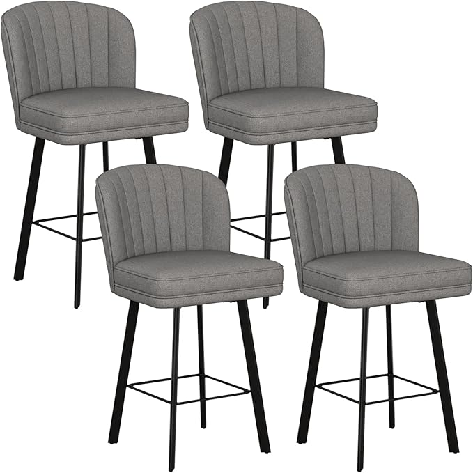 Swivel Counter Height Bar Stools Set of 4, 26'' Modern Barstools with Backs and Metal Legs, Upholstered Bar Chairs,Mid-Gray,Fabric Stools for Kitchen Island Chairs