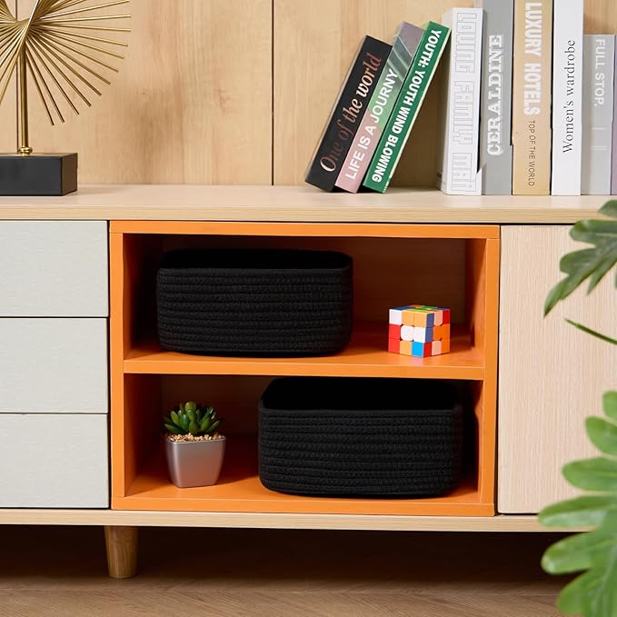 Small Square Shallow Baskets for Organizing, 9.7x9.7x4.3 Inch Rope Woven Storage Bins for Cubes Closet, Shelves Storage, Boho Decorative Basket, 2 Packs Black