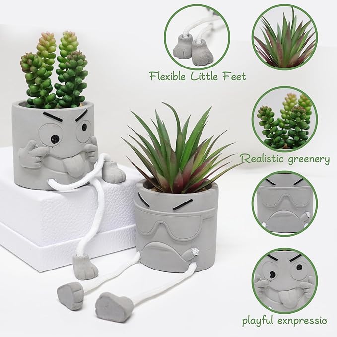 2PCS Artificial Mini Succulent Plants, Cute Fake Plant Faux Succulents in Grey Pots, Artificial Plants with Hanging Leg Potted for Home Office Desk Shelf Bathroom Decor