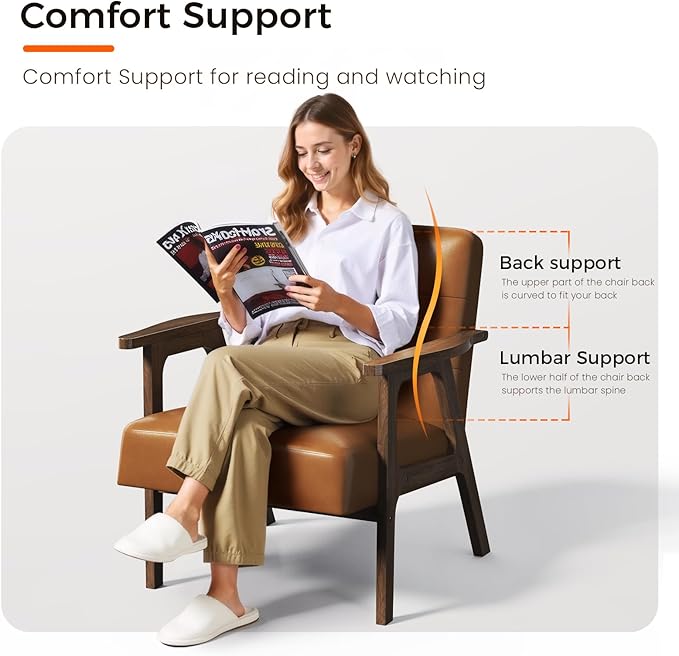 Casaottima PU Leather Accent Chair Mid Century Comfy Cozy Chair with Solid Wood Legs,Modern Arm Reading Chair with Button Tufted Back for Living Room Bedroom (Dark Brown)