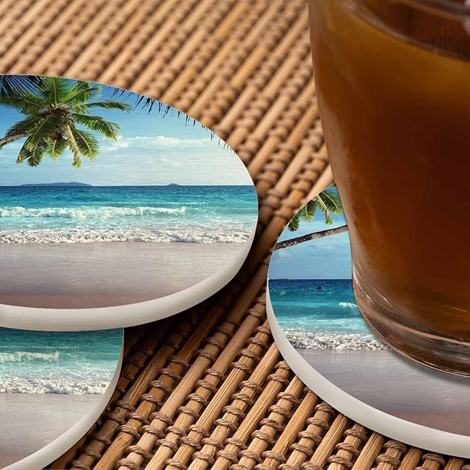 Vintage Beach Drink Coaster Ocean Beautiful Sea Coast Palm Trees Seascape Beautiful Home Decor Diatomite Heat-Resistant Diatomite 4 Inch for Cold Drinks Wine Mugs Cups