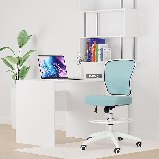 HYLONE Drafting Chair Adjustable Height Tall Office Chairs Standing Desk Chair Rolling Stool Chair Armless Office Drafting Chair Blue