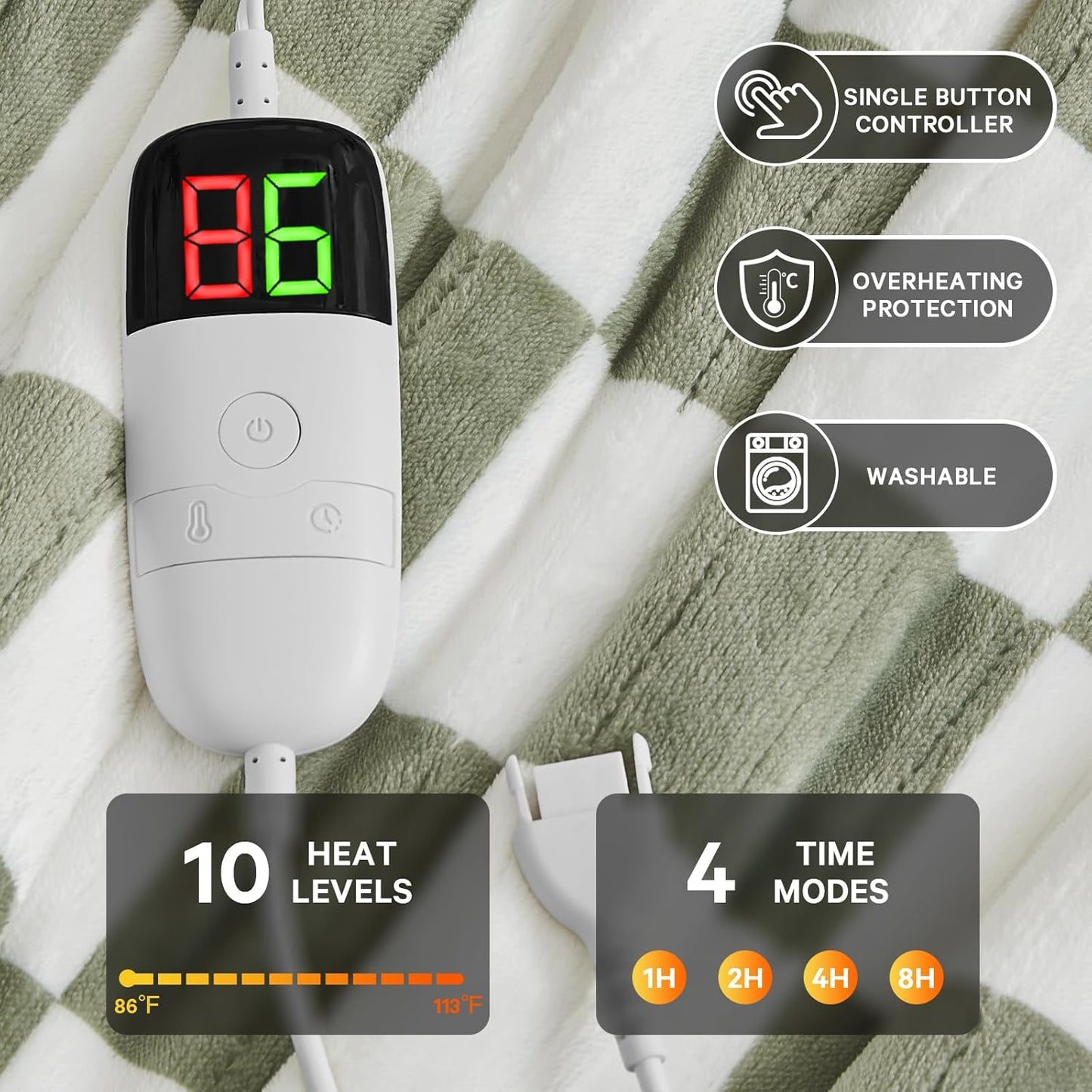 Sage Green Heated Throw Blanket Electric, 50X60 Heating Blanket with 10 Heat Levels & 8 Hours Auto Off for Lap, Checkered Plaid Soft Sherpa Blankets Warmer Gifts for Couch Grandma Women Adults, ETL