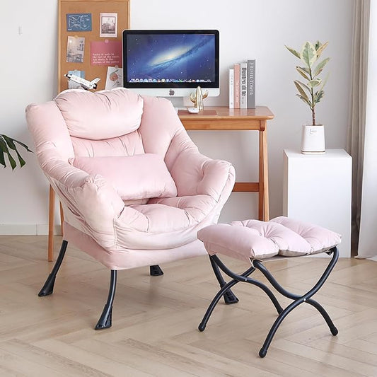 Lazy Chair with Ottoman, Modern Accent Chair with Lumbar Pillow, Comfy Chairs with Folding Footrest for Bedroom, Reading, Oversized Supportive Lounge Chairs(Velvet Pink)