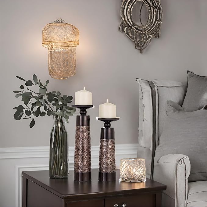 Creative Scents Dublin Brown Pillar Candle Holder Set of 2 - Home Decor Aesthetic, Coffee Table Decor Mantel Centerpieces Table Decorations, Living Room Decor or Dining Tabletop Decor -Gift Packaged-