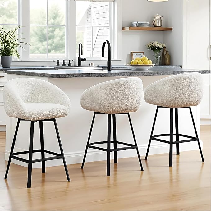 Zesthouse Swivel Counter Height Stools Set of 2, Modern Bar Stools for Kitchen Island, 26'' White Sherpa Kitchen Counter Height Chairs with Barrel Arms & Backs, Upholstered Fabric Bar Chairs