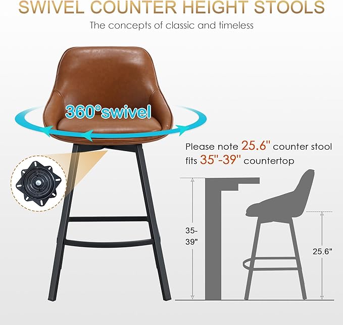 Zesthouse Swivel Counter Height Stools Set of 2, Modern Upholstered Barstools with Backs, 26'' Faux Leather High Chairs for Island Kitchen, Counter Height Chairs with Metal Legs, Brown