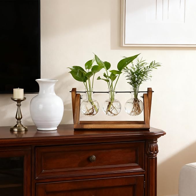 Plant Propagation Station, Plant Terrarium with Wooden Stand, Unique Gardening Birthday Gifts for Women Plants Lovers, Home Office Garden Decor Planter - 3 Bulb Glass Vases