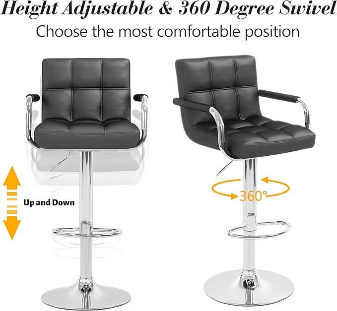 Modern PU Leather Bar Stools Set of 6, Adjustable Swivel Square Bar Chairs, Counter Height Barstools with Arms and Large Base for Island/Kitchen(Black)