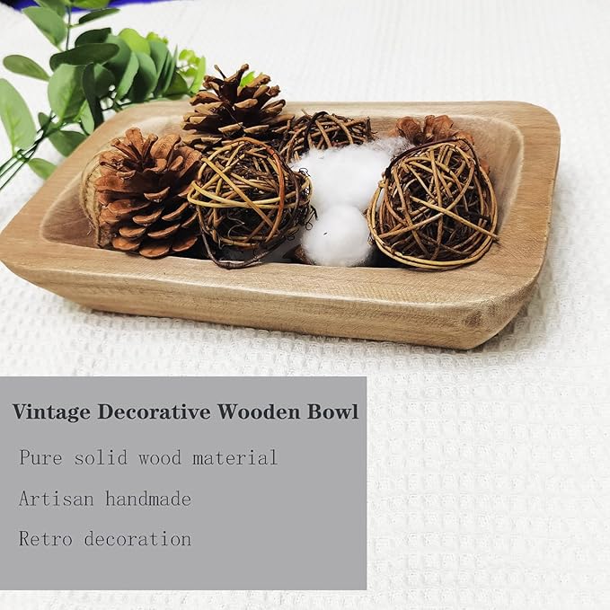 Wooden Dough Bowl Decor, Vintage Wooden Bowl Hand Carved Home Decor for Dining Table Center, Living Room, Kitchen Decor. (10inch brown)