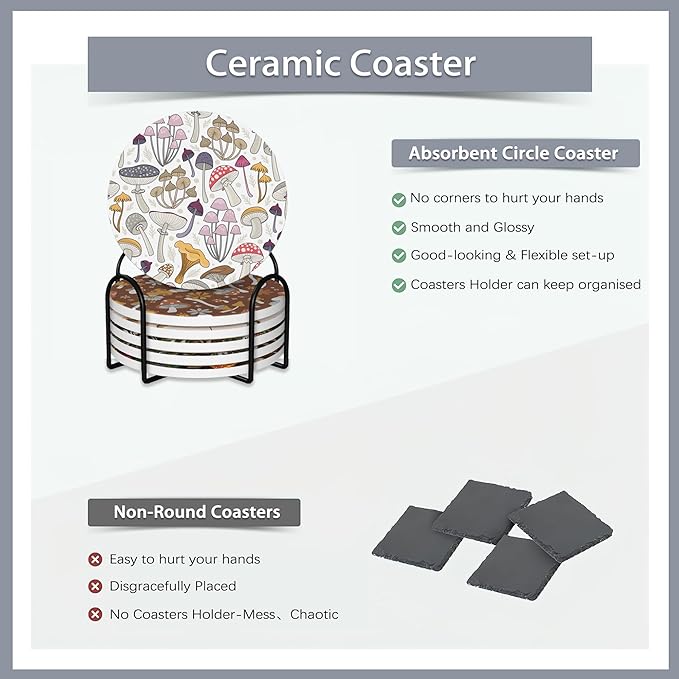 6 Pcs Coasters for Drinks with Holder,Retro Mushrooms Berries and Bugs Absorbent Coaster with Cork Backing,Great Gift for Housewarming,Room Decor,Bar,Holiday Party