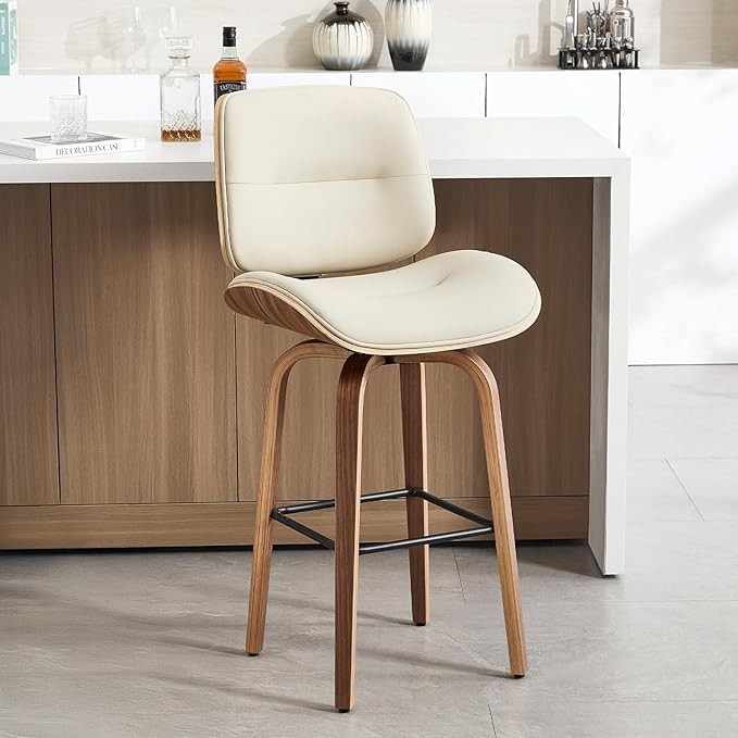 Mid Century Modern Bar Stools Set of 1, 29.5'' Bar Height Swivel Stools with Bentwood Legs, Faux Leather Upholstered Bar Chairs with Footrest for Kitchen Island & Countertops, Beige