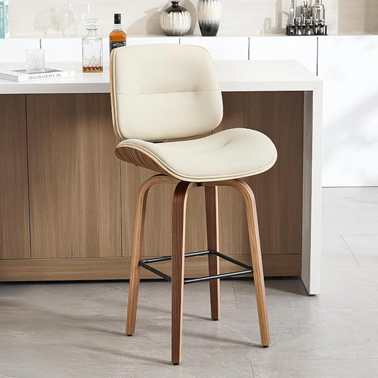 Mid Century Modern Bar Stools Set of 1, 29.5'' Bar Height Swivel Stools with Bentwood Legs, Faux Leather Upholstered Bar Chairs with Footrest for Kitchen Island & Countertops, Beige