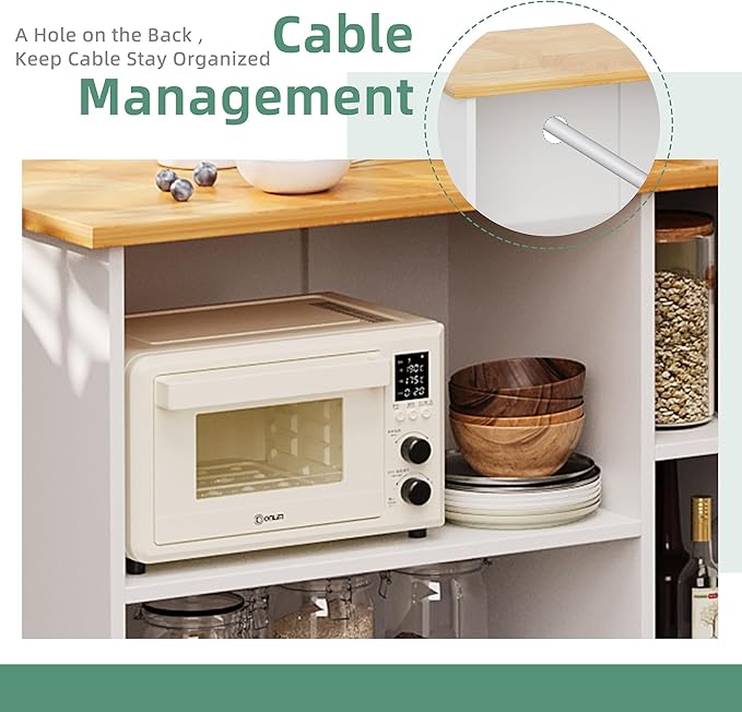 Shintenchi 47”W Kitchen Storage Island Cart with 6 Open Shelves and 1 Cabinet, Portable Trolley Cart with Wood Work Top and Handle/Towel Rack, White