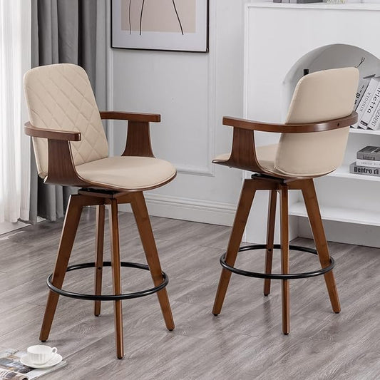 Counter Stools Set of 2, Upholstered Faux Leather Counter Height Bar Stools, Swivel Counter Chairs with Wooden Arms and Legs(Beige, 26" Seat Height)
