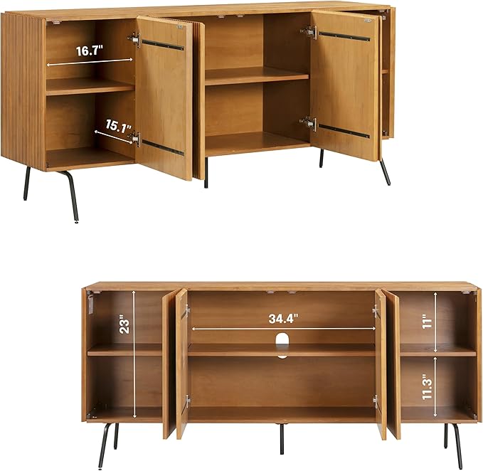 NTC Veil Modern Sideboard with 4 Doors, Buffet Cabinet with Vertical Groove Design and Metal Legs, Storage Cabinet for Living Room, and Hallway, Effortless Assembly, Teak Look