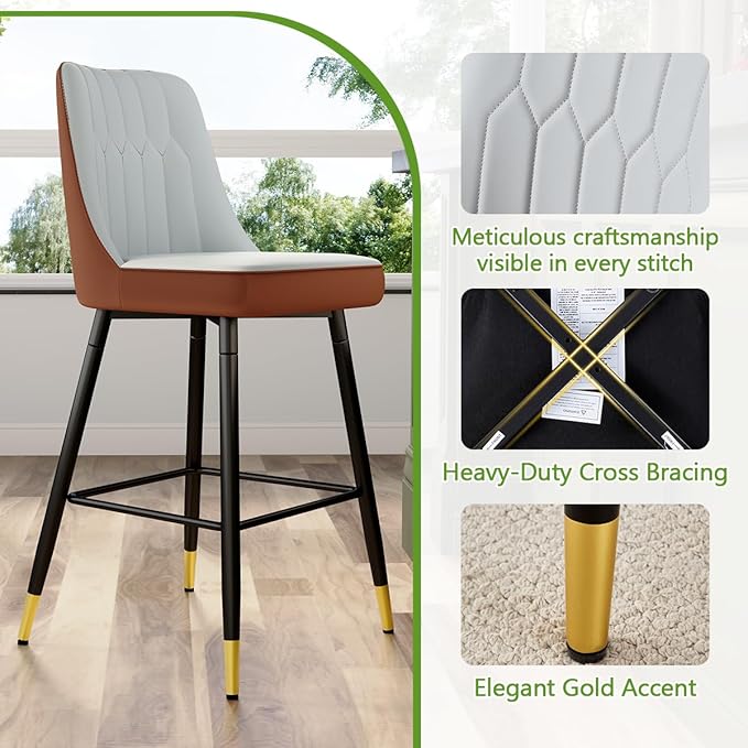 Grey Bar Stools Set of 2,27" Counter Height Bar Stools Set of 2,Faux Leather Counter Stools with Soft Padded Seat & Curved Backrest,Modern Kitchen Island Chairs for Dining Café