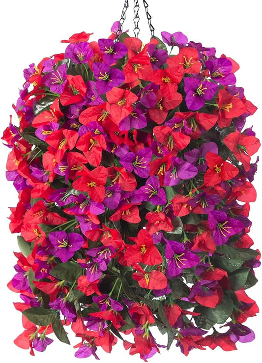 Artificial Bougainvillea Faux Flowers Plants Baskets for Outdoor Outside Decoration, 3PCS Fake Silk Flowers Long Trailing Vines UV Resistant Realistic for Front Door Porch Patio Balcony, PurpleRed