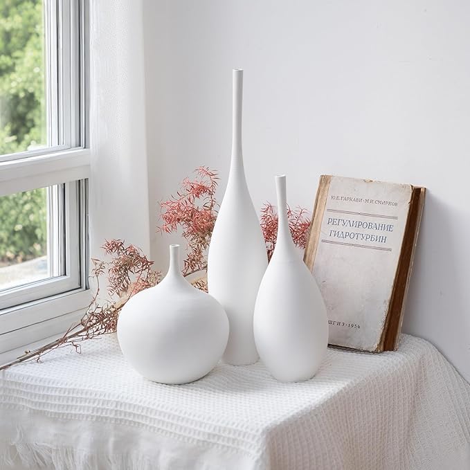 White Ceramic Vase Modern Boho Wabi-Sabi Flower Vase Set of 3 Decorative Aesthetic Vases for Centerpieces Pampas Matte Minimalist Vases for Living Room Table Shelf Home Decor Gift