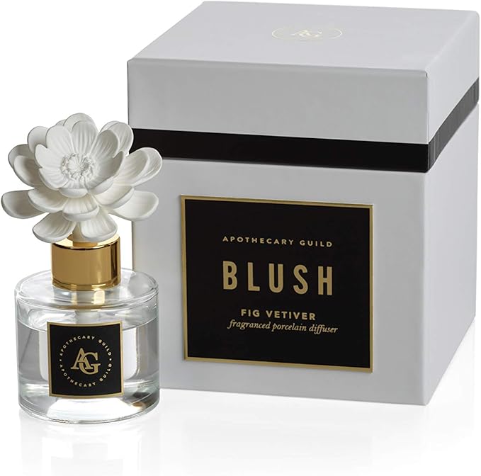Zodax Apothecary Guild Blush Porcelain Oil Diffuser - Home Fragrance Diffuser Ideal for Living Room, Bathroom, Office - Makes a Great Gift - Porcelain Flower Design - Fig Vetiver - 1.69 Oz.
