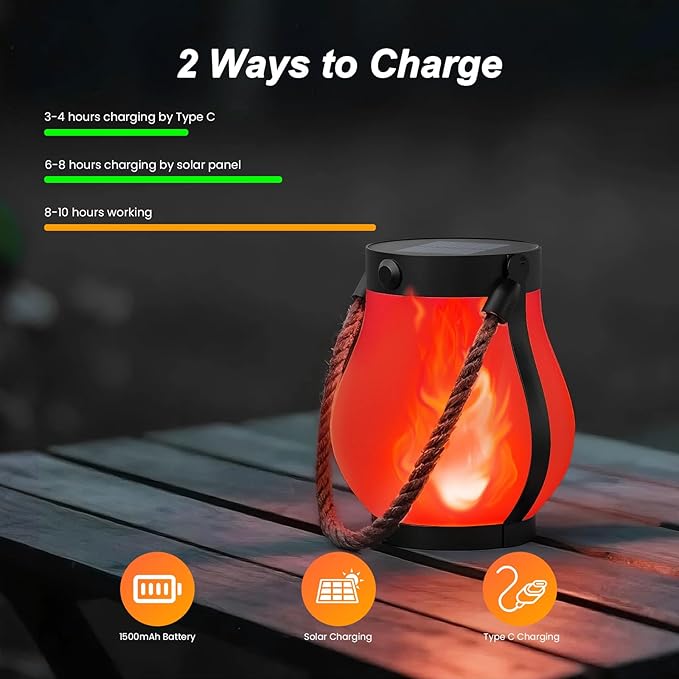 Hompavo Gen2 Solar Lanterns Outdoor Waterproof with Realistic Flickering Flame, Dual Charging (USB/Solar) & 2 Modes - Decorative Hanging/Table Lights for Patio Garden Porch Halloween Decor, 2/Red