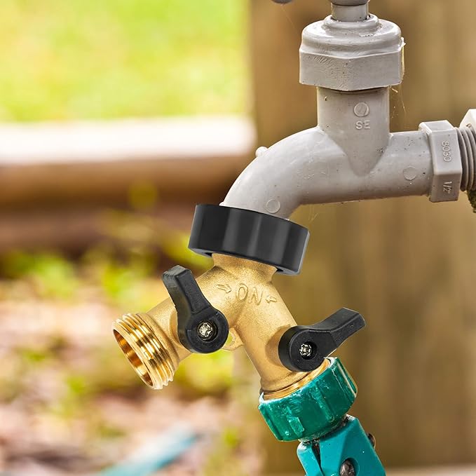 Brass Garden Hose Splitter 2 Way, Hose Y Splitter 3/4 Inch Heavy Duty Brass Hose Connector Tap Splitter, Hose Spigot Adapter 2 Valves with Rubber Washers (1 Pack)