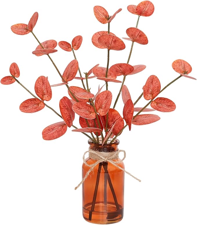 Artificial Eucalyptus Stems in Amber Glass Vase with Faux Water,3Pcs Fake Plant with Double-Sided Orange Leaves for Centerpiece (Double-Sided Orange Eucalyptus)