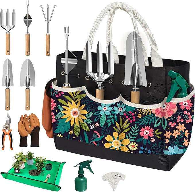 22Pcs Gardening Tools Set for Women Heavy Duty Garden Hand Tool Kit Gardener Gifts for Beginner Gardening Accessories with Tote Bag/Shovel/Repotting Mat/Plant Labels/Gloves-Black