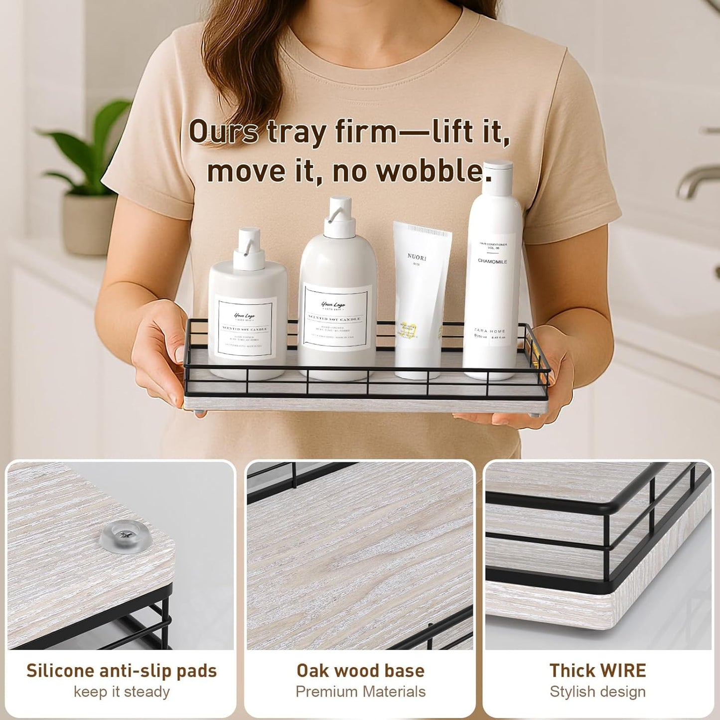 Toilet Paper Basket Organizer – Ash Wood Toilet Tank Tray with Metal Frame, Back of Tank or Top Bathroom Counter Storage – Black & Farmhouse White Modern Decor