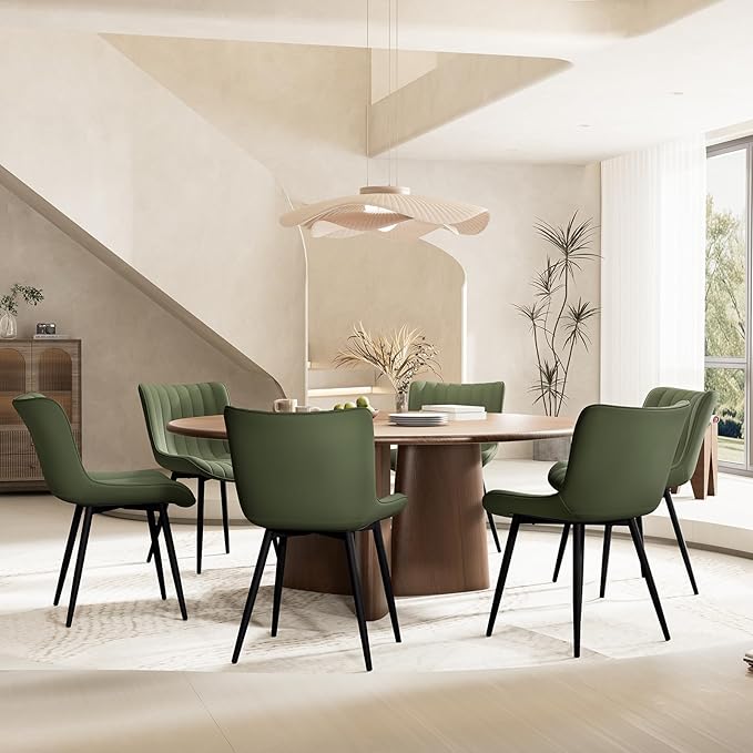YOUNUOKE Green Dining Chairs Set of 2 Mid-Century Modern Kitchen Dining Room Chairs Armless Faux Leather Upholstered Accent Side Dinner Chair with Padded Back Metal Legs, Olive