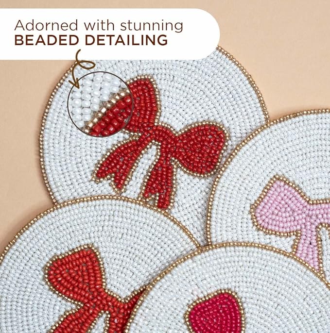 Folkulture Beaded Coasters for Drinks | Set of 4 (4") Round Decorative Bar Coasters for Table Décorations or Coffee Table | Cute Boho Coaster Gifts for her Set of 4