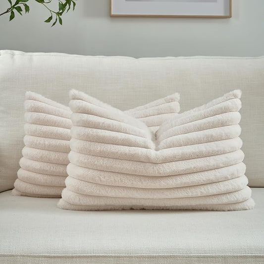 FUTEI Beige Striped Decorative Throw Pillow Covers 12x20 Inch Set of 2,Rectangle Spring Decorations Couch Lumbar Pillowcase,Soft Cozy Faux Rabbit Fur & Velvet Back,Modern Home Decor for Bed