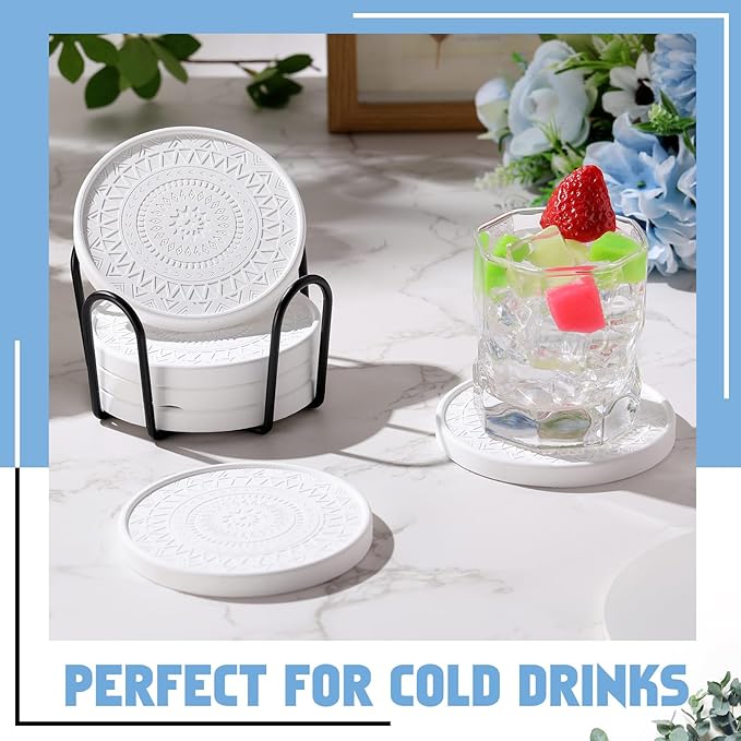 Photect Diatomaceous Earth Coasters Set with Holder Absorbent Stone Drink Coasters Instant Drying Tray for Tabletop Protection Home Decoration Housewarming Gift(White,4 Pcs)