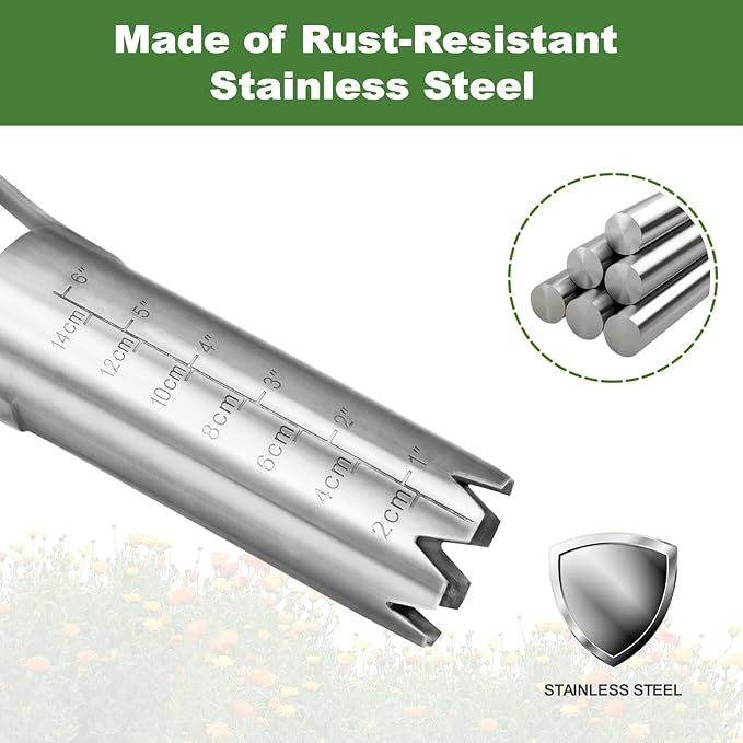 Haliaeetus Bulb Planter Tool, 6 inches Depth Mark Hand Bulb Planter, Non-Bending Stainless Steel Bulb Planter Digger, Garden Bulb Transplanter with Comfortable Wood Handle for Planting Tulip, Daffodil