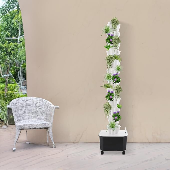 12-Tier Hydroponic Growing Tower, 60-Plant Indoor Gardening System w/Automatic Water Circulation, Vertical Aeroponic Tower Garden for Herbs, Vegetables, Fruits (White, 60-Plants)