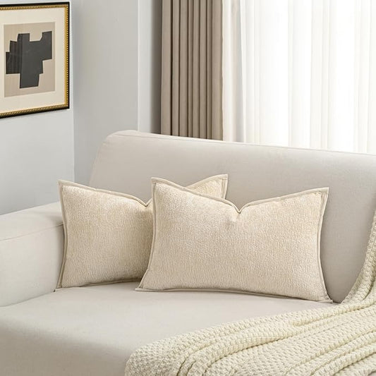 FUTEI Beige Chenille Throw Pillow Covers 12x20 Inch Set of 2,Soft Cozy Bound Edge Design Lumbar Pillow Cases,Home Decor for Couch Bed Living Room