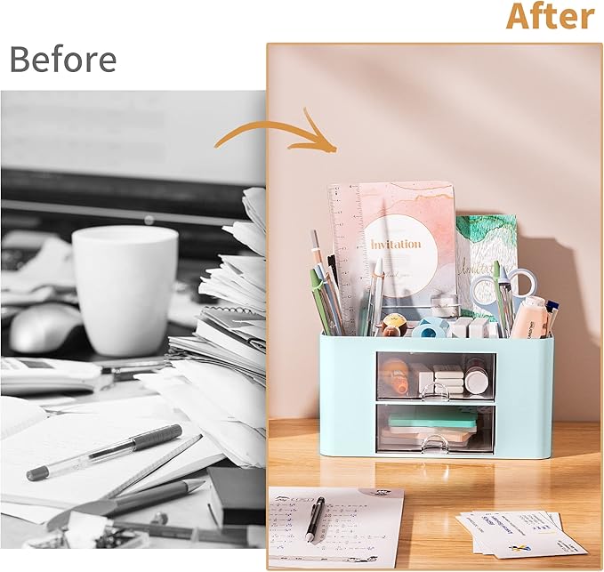 Marbrasse Pen Organizer with 2 Drawer, Multi-Functional Pencil Holder for Desk, Desk Organizers and Accessories with 5 Compartments + Drawer for Office Art Supplies (Blue)