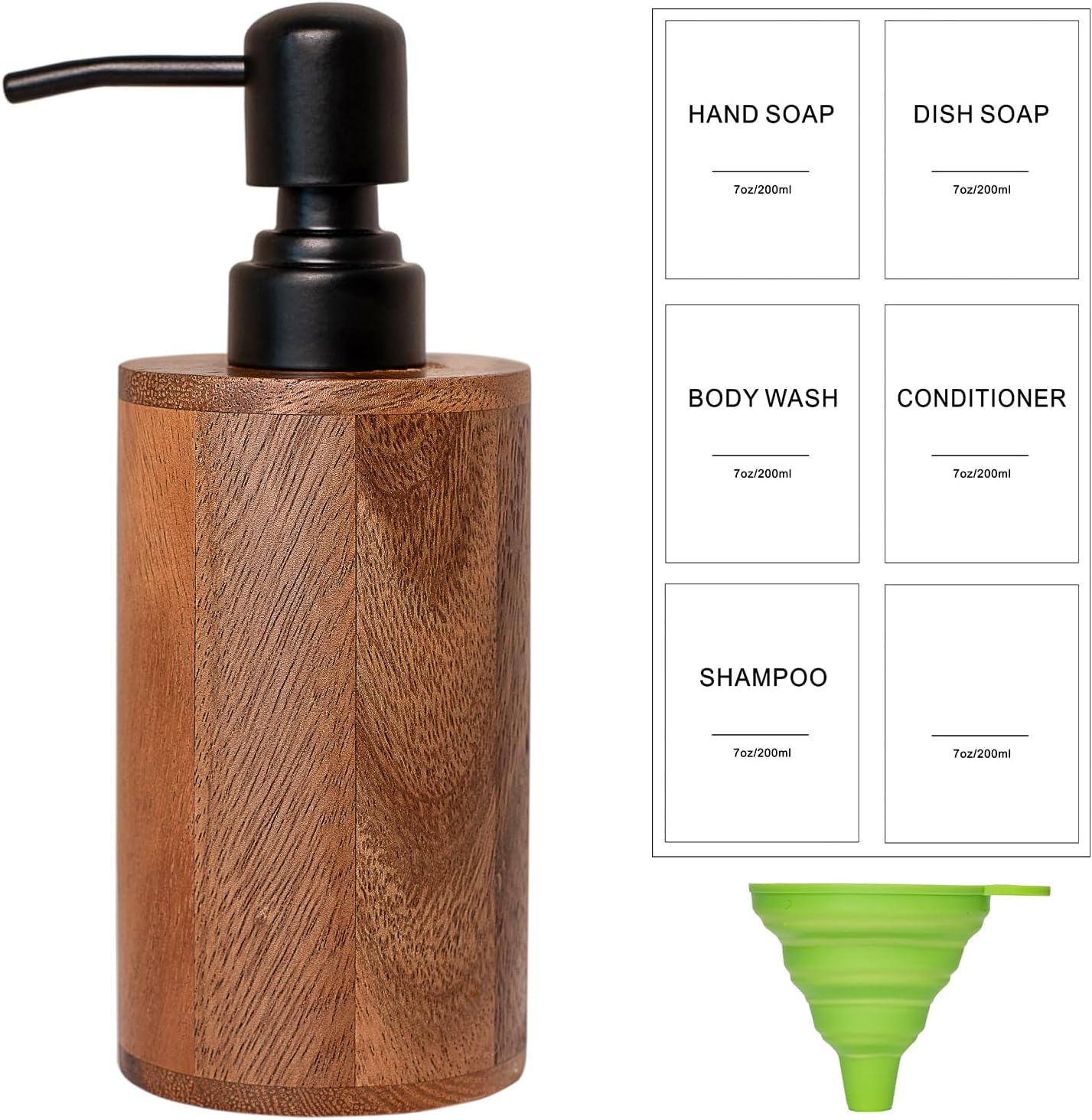 Walnut Wood Soap Dispenser with Pump, Funnel & Label, Refillable Hand Soap Dispenser for Bathroom & Kitchen, Cylinder Design, Rustic Countertop Decor(7oz/200ml)