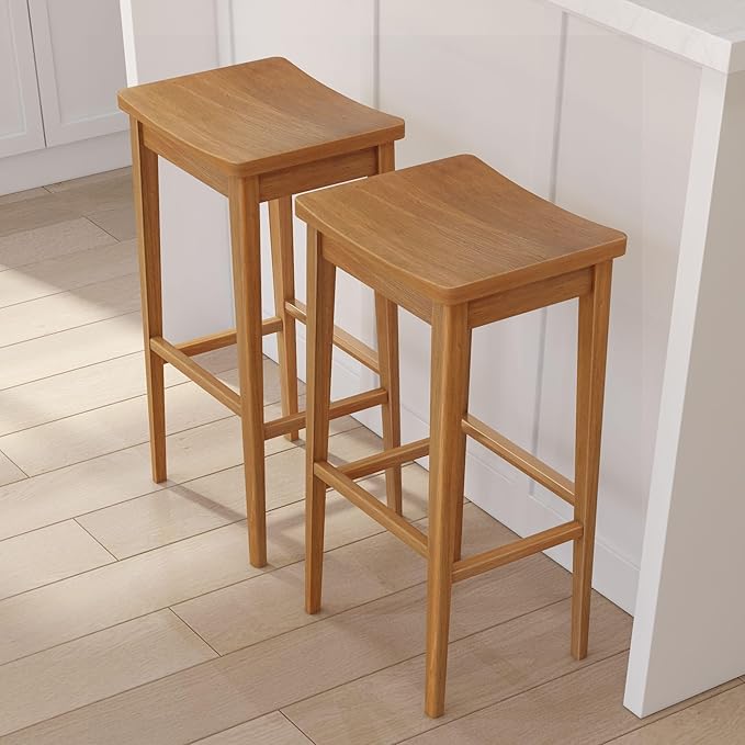 Plank+Beam Smythe Bar Stool, 30", Set of 4, Sturdy Wood Modern Kitchen Bar Height Stool, Saddle Seat Backless Bar Chair, Metal Footrest, Pecan