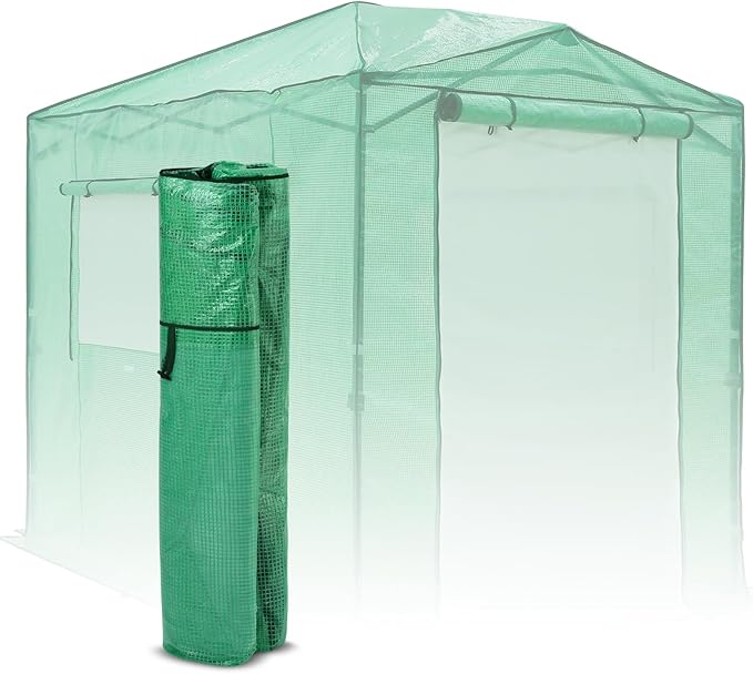 EAGLE PEAK Replacement Cover for 8x6 Portable Pop up Greenhouse, Dual Roll-up Zipper PE Door & Upgraded Screen Mesh Door and 2 Roll-Up Side Windows (Frame Not Included), Green