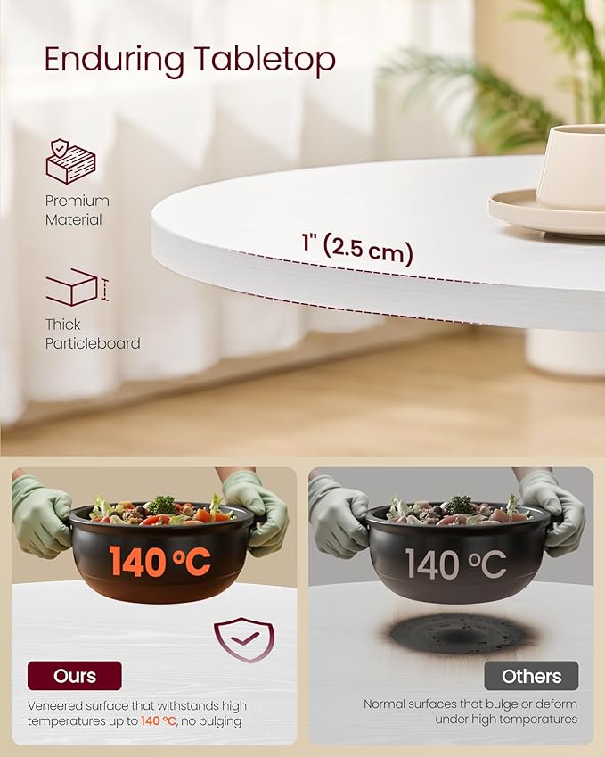 VASAGLE Dining Table, Small Round Kitchen Table for 4 People, 31.5 x 29.4 Inches, for Dining Room, Living Room, Farmhouse, Water-Resistant, Snow White UKDT082W01V1