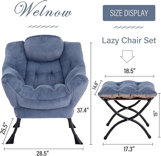 Welnow Lazy Chair with Ottoman, Modern Lounge Accent Chair with Armrests and a Side Pocket, Leisure Sofa Armchair Set, Reading Armchair with Footrest for Small Space, Plush Light Blue