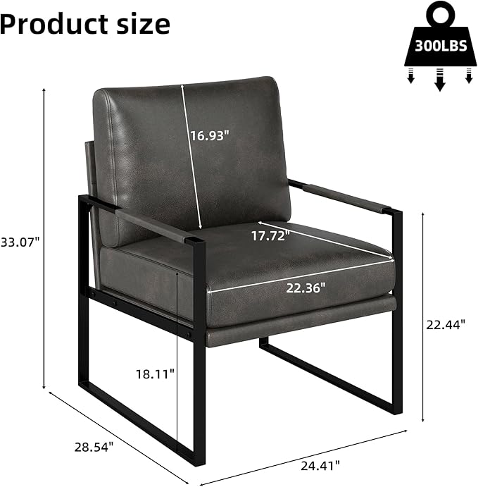 Phoenix Home Mid Century Modern Faux Leather Accent Chair, Metal Framed Armchair with Extra Soft Removable Seat Cushion & Backrest for Living Room Bedroom Waiting Room, Easy to Clean, Gray