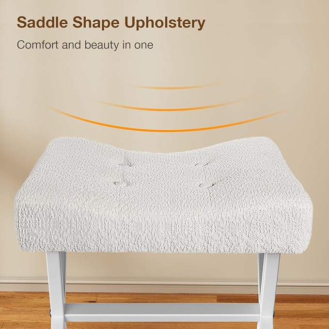18-Inch Large Vanity Stool Chair, Vanity Bench with Metal X-Legs, Ottoman Accent Stool with Breathable and Soft Boucle Fabric Saddle Seat, White