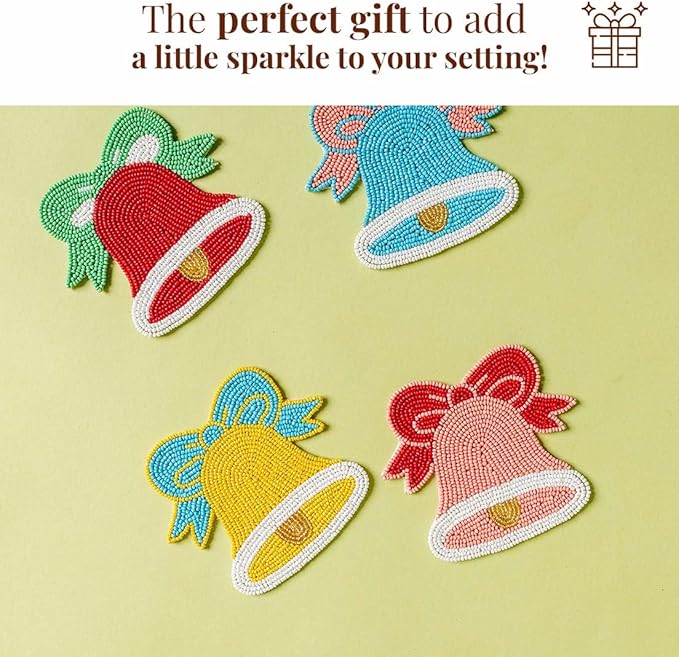 Folkulture Coasters Set of 4 | (4") Round Coaster for Coffee Table | Holiday Coasters for Christmas Décor | Coaster for Coffee Table for Cute Boho Gifts for Women | (Merry Bell)