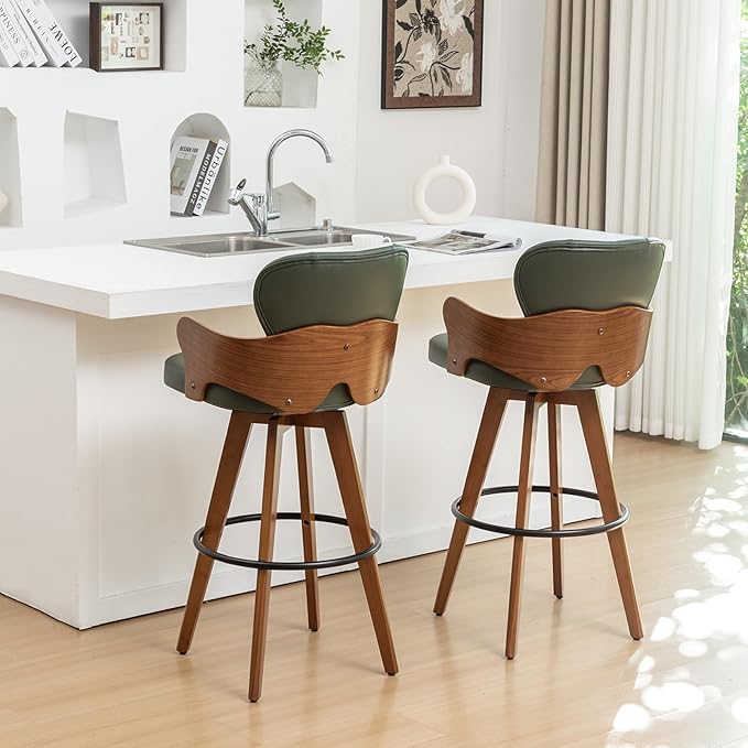 30” Swivel Bar Stools,Green Faux Leather Bar Height Stools with Armrest and Fishtail-Shaped Back,Mid Century Modern High Barstools,Walnut Bar Chair for Kitchen Island or Home Bar,1PCS