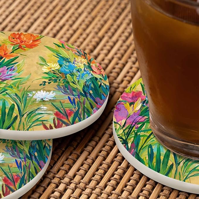 Oil Beautiful Bloom Round Coaster for Home Coffee Table Colorful Flowers Bouquet Floral Elegance Farmhouse Drink Coasters 100% Diatomite 4''X 4''X 0.35'' Printed Pattern