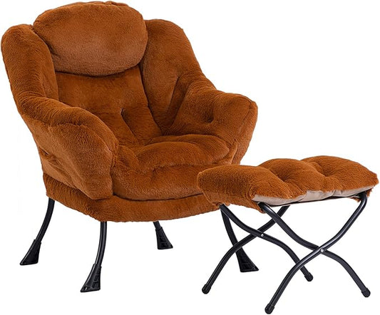 HollyHOME Fabric Lazy Chair with Foldable Ottoman, Accent Comfy Lounge Arm Chair and Folding Footrest Stool Set, Leisure Sofa Reading Chair and Footstool for Living Room, Bedroom, Dorm, Dark Brown