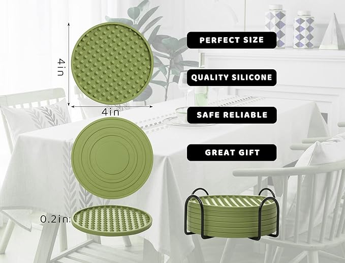 Coasters for Drinks 6 Pack Drink Coaster with Holder,Heat Resistant Silicone Cup Mat Tabletop Protection,Non-Slip Rubber Coasters for Kinds of Cups (Green)